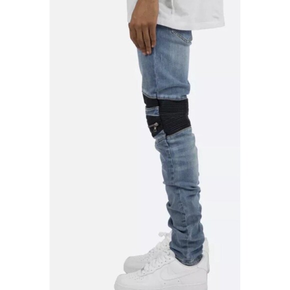 MNML Men’s Moto Biker Distressed Leather Knee Skinny Jeans Size 29x33 - Picture 8 of 15